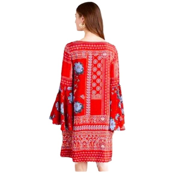 ANTHRO Vanessa Virginia Isabelle Red Silk Floral Bell Sleeves Size 12 - Picture 4 of 9